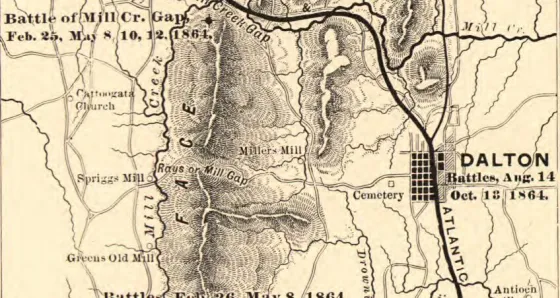 Civil War map of Dalton, Georgia, showing battle locations, railroads, roads, waterways, and surrounding terrain during the Atlanta Campaign.
